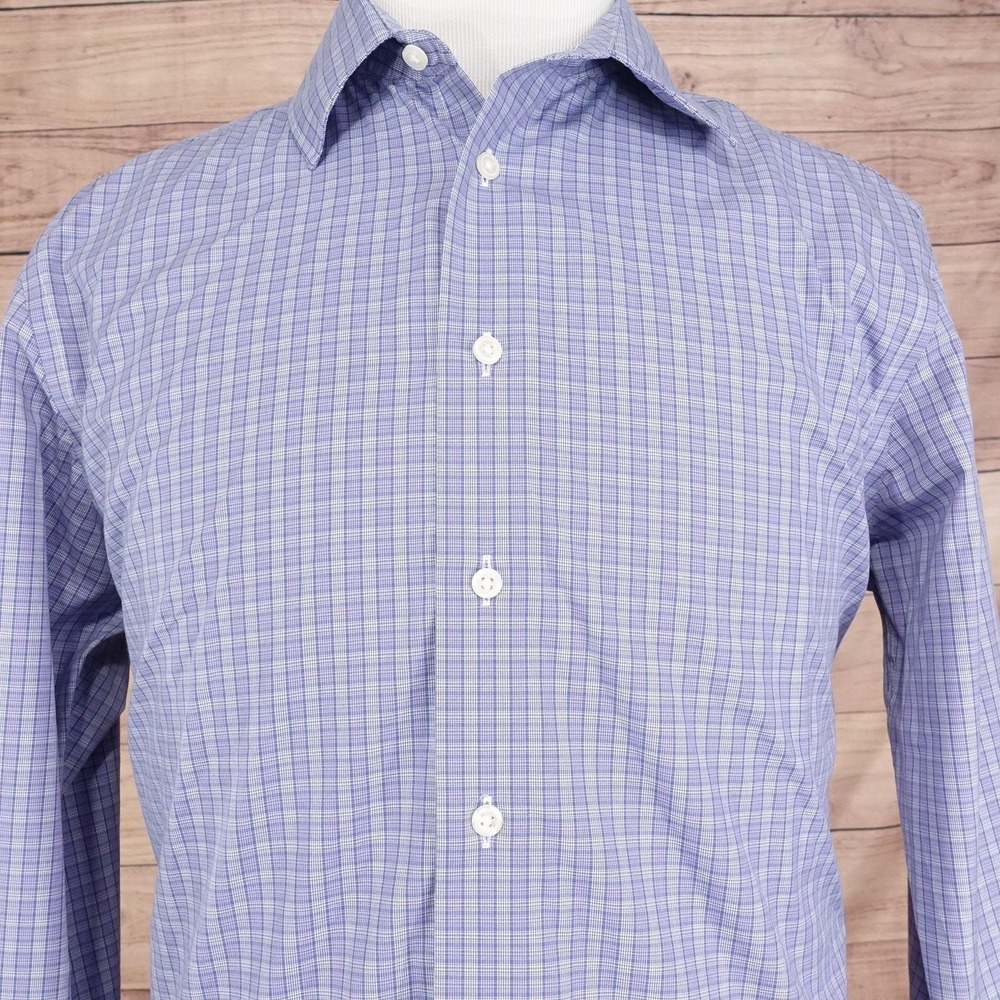 Egara Shirt‎ Mens Large Purple Blue Check Non-Iron Button Down Dress Long Sleeve